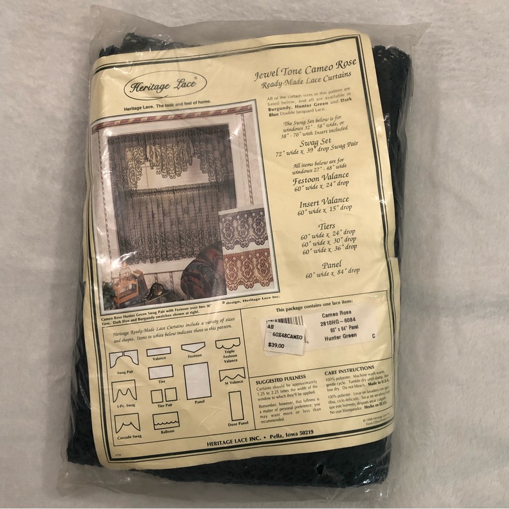 Heritage Lace Jewel Tone Cameo Rose Hunter Green One Pair Curtain Panel 60”x 84”